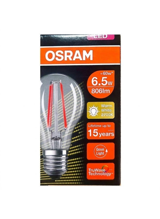 OSRAM LED Bulb E27 Clear Filament 6.5W Warm White 2700K - Image 1