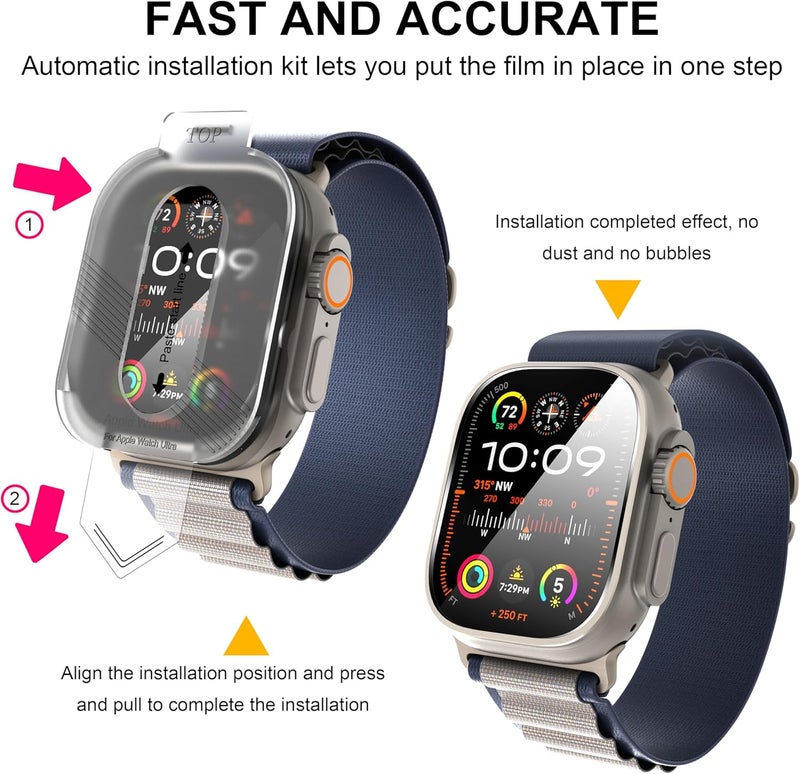 حزمة من قطعتين من واقي الشاشة من لساعة Apple Watch Ultra/Ultra 2 مقاس 49 مم، واقي شاشة من الزجاج المقسى لساعة iWatch Ultra/Ultra 2 مقاس 49 مم لعام 2024، سهل التركيب، مقاوم للخدش - Image 2