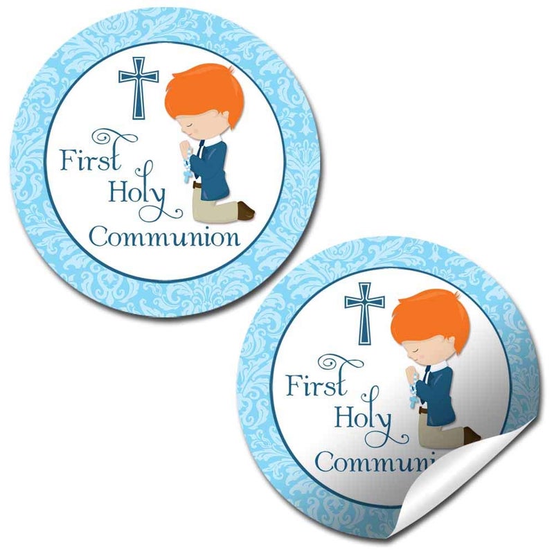 First Holy Communion Religious Thank You Sticker Labels for Boys Light Skin Red Hair 40 2 Party Circle Stickers by AmandaCreation Great for Party Favors Envelope Seals Goodie Bags
