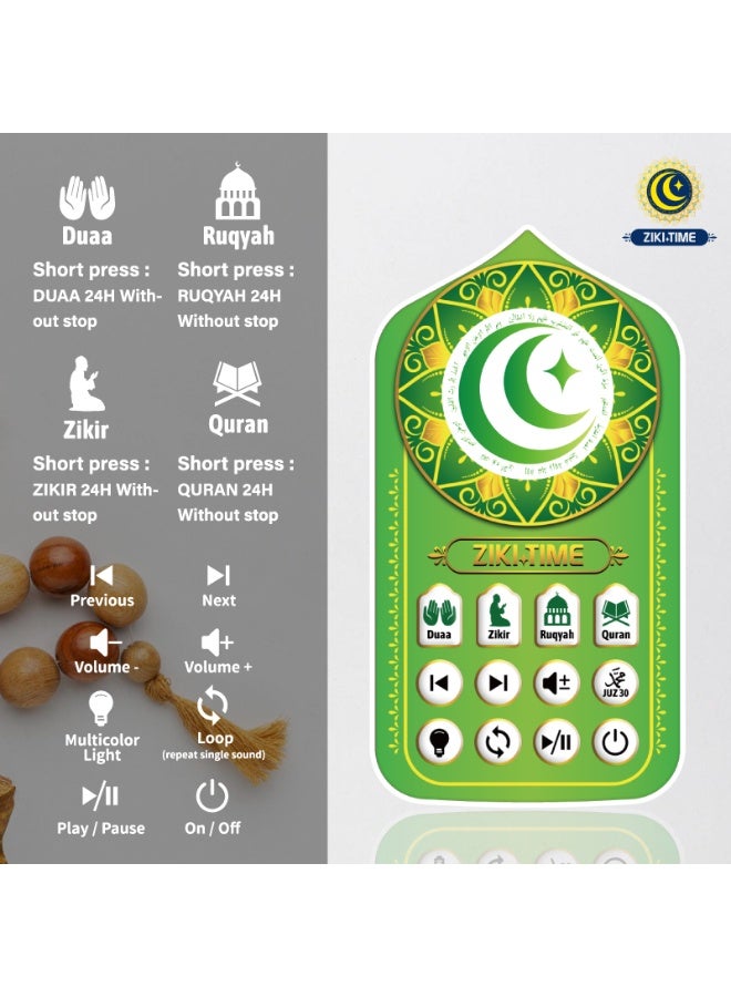 ZIKI TIME Plug-in Quran Speaker, 24-Hour Non-Stop Playback with 6-Color LED Light, 71 Quran Surahs, 5 Long Ruqyah List, 25 Rizik Ayaht, 8 Duaa and 8 Zikirs, UK Plug Ready for KSA ,for Prayer, Ramadan, Home Decor & Relaxation - Image 4
