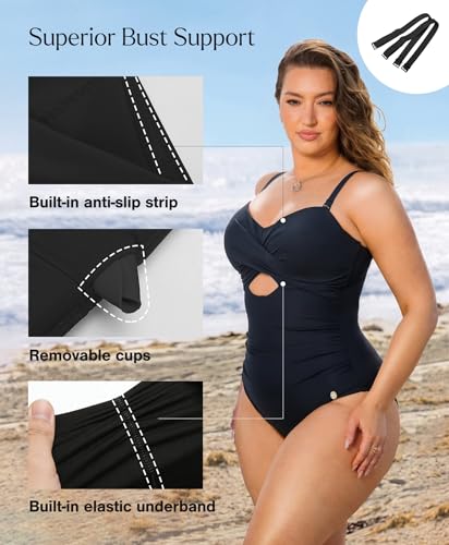 Popilush Tummy Control Swimsuits for Women - One Piece Bathing Suit with Removable Straps for Beach Black-M - Image 3