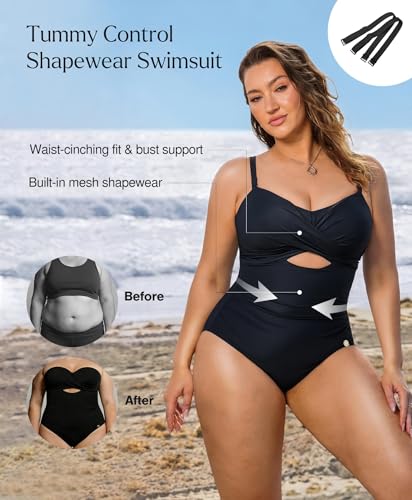 Popilush Tummy Control Swimsuits for Women - One Piece Bathing Suit with Removable Straps for Beach Black-M - Image 2