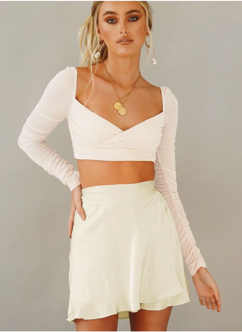 Loquat - Women's Summer Wrap High Waist Solid Color Ruffle Short Mini Skirts Beige - Image 1