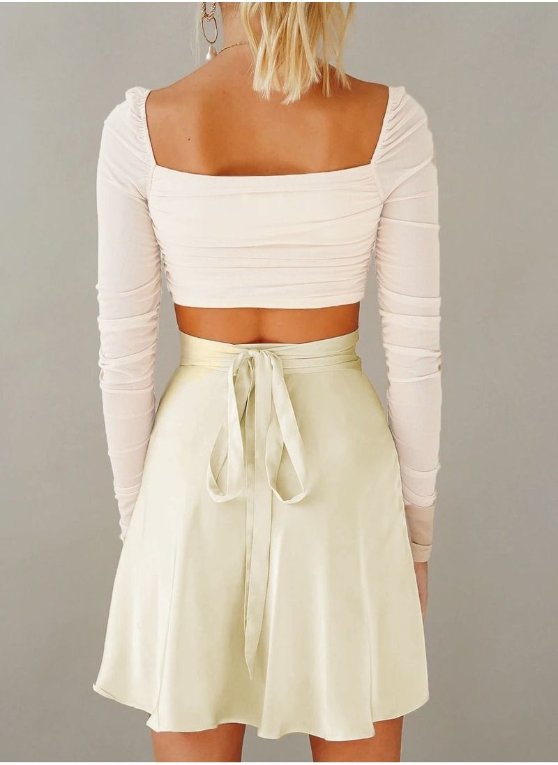 Loquat - Women's Summer Wrap High Waist Solid Color Ruffle Short Mini Skirts Beige - Image 1