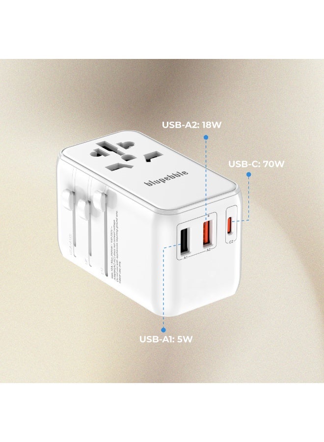 blupebble Passport 6 GaN III 70W World Travel Adapter | USB-C PD & Dual USB-A Fast Charger with Retractable Cable | Universal Plug for EU/UK/US/AU - Image 3