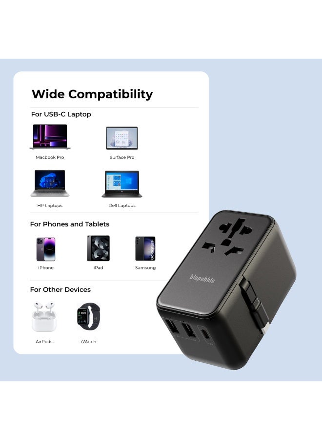 blupebble Passport 6 GaN III 70W World Travel Adapter | USB-C PD & Dual USB-A Fast Charger with Retractable Cable | Universal Plug for EU/UK/US/AU - Image 2