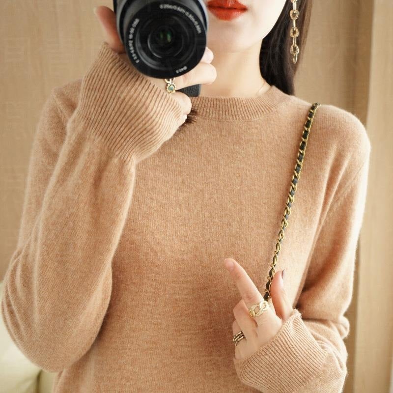 Womens Knit Sweater Autumn Winter Round Neck Long Sleeve Golden camel 