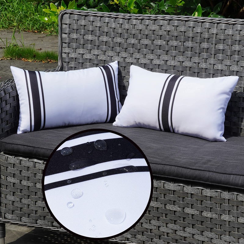 ONWAY Outdoor Pillow Covers 12X20 Waterproof Set of 2 Lumbar Throw Cushion Cover White and Black Striped Outdoor Pillows for Patio Furniture