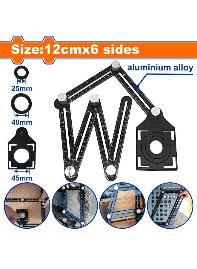 WADFOW Adjustable 6-Folding Aluminum Alloy Ruler with Tile Hole Locator WSR5601 – Multi-Angle Measuring Template Tool with 25mm, 40mm, 45mm Drill Guide Holes for Tiling, Woodworking, Flooring & Glass Installation - Image 2