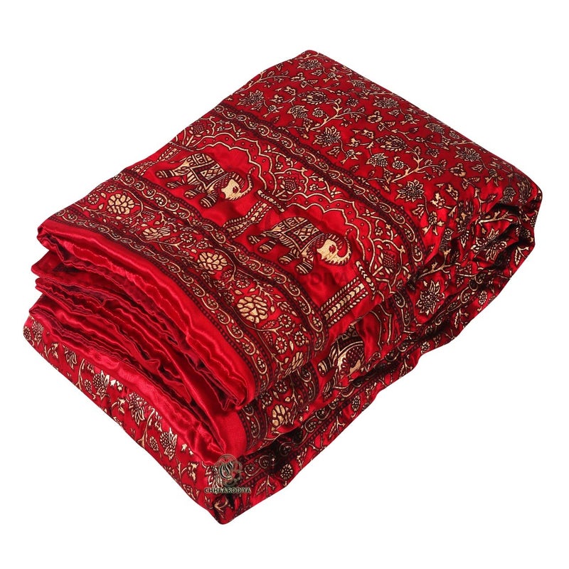 Lilfly 240 TC Light Weight Silk Single Bed Soft Jaipuri AC QuiltRazai Dohar Over All Floral Elephant Print Design with Gold Print Satin Blankets for Home Size 55X85 inch red - Image 1