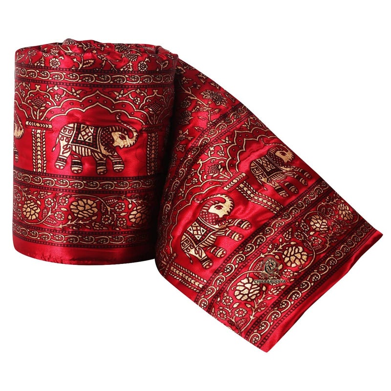 Lilfly 240 TC Light Weight Silk Single Bed Soft Jaipuri AC QuiltRazai Dohar Over All Floral Elephant Print Design with Gold Print Satin Blankets for Home Size 55X85 inch red - Image 2