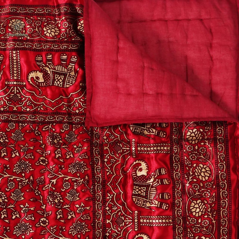 Lilfly 240 TC Light Weight Silk Single Bed Soft Jaipuri AC QuiltRazai Dohar Over All Floral Elephant Print Design with Gold Print Satin Blankets for Home Size 55X85 inch red - Image 3