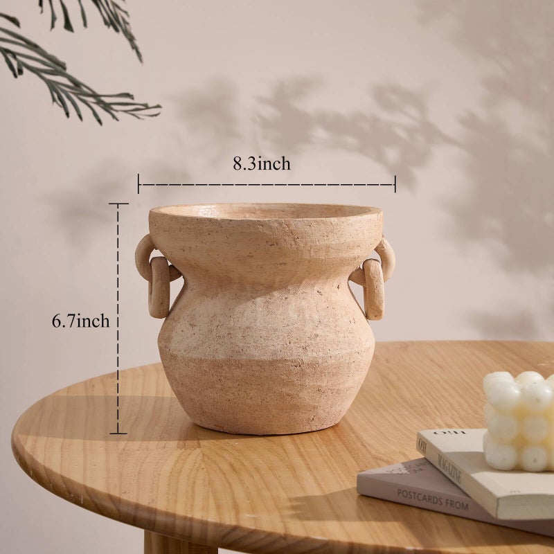 MIYUKI Rustic Vase for Home Decor, Decorative Pottery Terracotta Vase for Living Room, Table, Shelf, Handcraft Vintage Ceramic Vase 6.7in H x 8.2in W (White) - Image 3