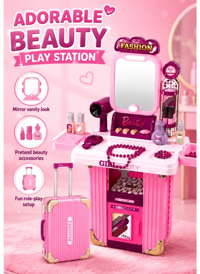 DAT Kids Pretend Play Fashion Beauty Dressing Table Set 3-in-1 with Rolling Suitcase Storage, Girls Vanity Makeup Role Play Kit with Mirror & Accessories, Pink - Image 2