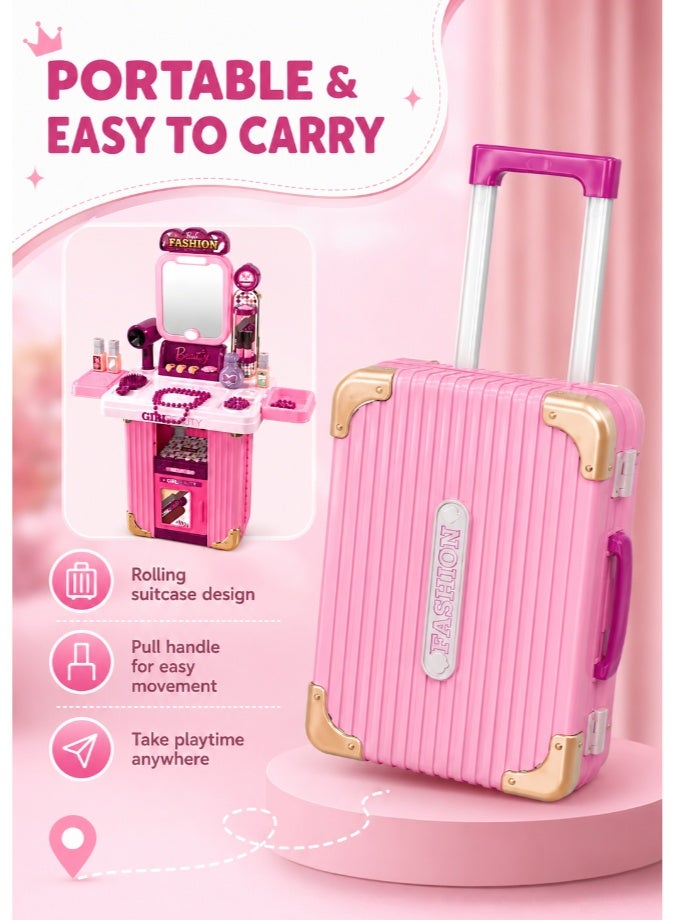 DAT Kids Pretend Play Fashion Beauty Dressing Table Set 3-in-1 with Rolling Suitcase Storage, Girls Vanity Makeup Role Play Kit with Mirror & Accessories, Pink - Image 4