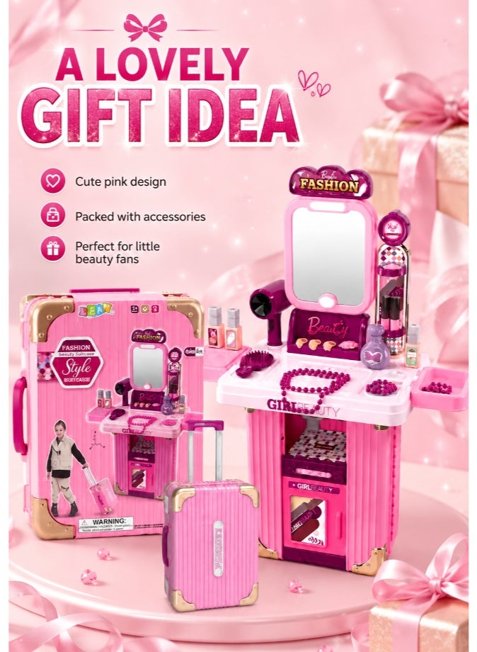 DAT Kids Pretend Play Fashion Beauty Dressing Table Set 3-in-1 with Rolling Suitcase Storage, Girls Vanity Makeup Role Play Kit with Mirror & Accessories, Pink - Image 1