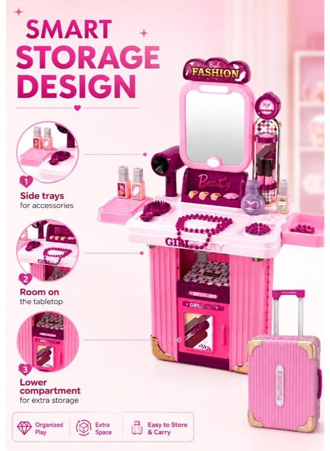 DAT Kids Pretend Play Fashion Beauty Dressing Table Set 3-in-1 with Rolling Suitcase Storage, Girls Vanity Makeup Role Play Kit with Mirror & Accessories, Pink - Image 5