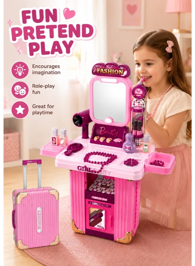 DAT Kids Pretend Play Fashion Beauty Dressing Table Set 3-in-1 with Rolling Suitcase Storage, Girls Vanity Makeup Role Play Kit with Mirror & Accessories, Pink - Image 3