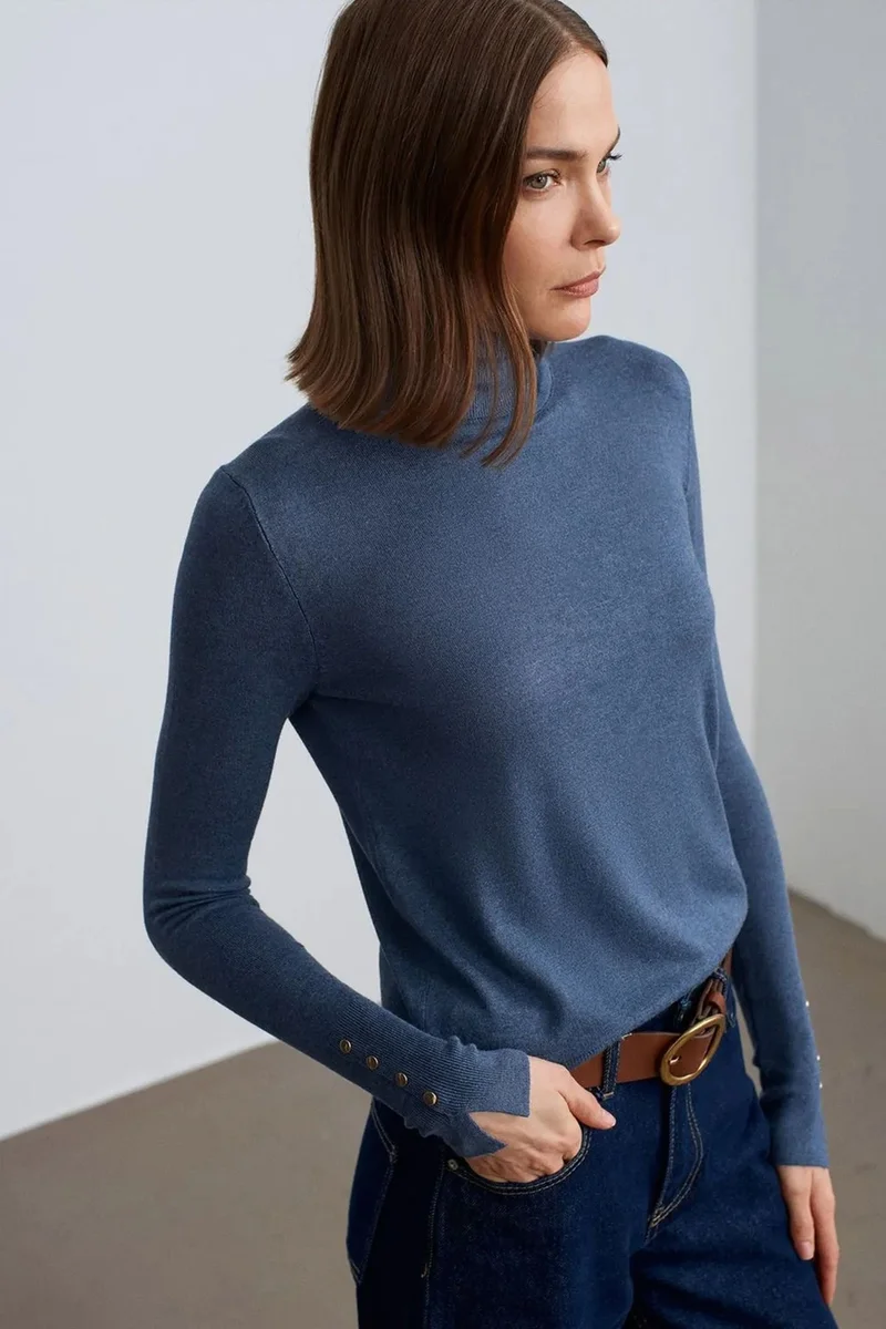 ديلفين DILVIN Women's Turtleneck Knit Sweater With Buttons