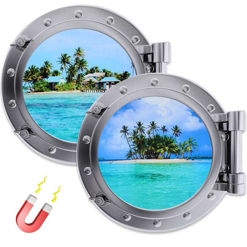 Konohan 2 Pcs Large Cruise Door Decorations Magnetic Porthole Cruise Door Magnets 10 Inch The Sea Nature Scenery Decor for Fridge Carnival Car Party Refrigerator Locker(Beach Style) - Image 1