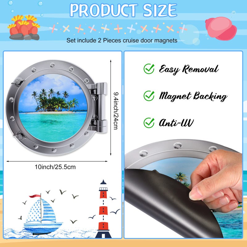 Konohan 2 Pcs Large Cruise Door Decorations Magnetic Porthole Cruise Door Magnets 10 Inch The Sea Nature Scenery Decor for Fridge Carnival Car Party Refrigerator Locker(Beach Style) - Image 3