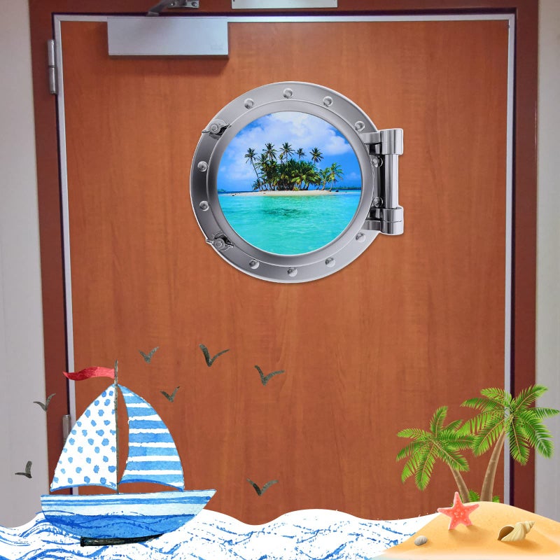 Konohan 2 Pcs Large Cruise Door Decorations Magnetic Porthole Cruise Door Magnets 10 Inch The Sea Nature Scenery Decor for Fridge Carnival Car Party Refrigerator Locker(Beach Style) - Image 2