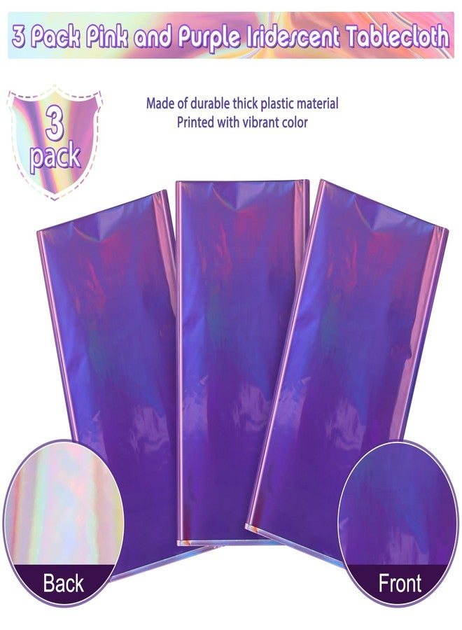 FunnyPars 3 Pack Ombre Iridescent Pink and Purple Plastic Tablecloths, Shiny Disposable Laser Rectangle Table Covers Holographic Foil Tablecloth Iridescent Party Decoration Birthday Bridal Wedding, 54x108 Inch - Image 4