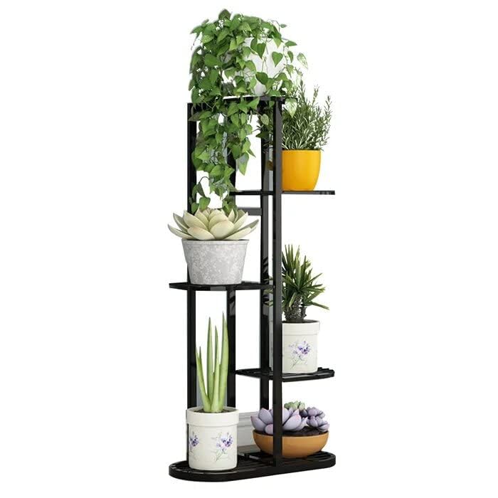 Bee Creative Trendy Decor Metal 6 Tier 7 Potted Plant Stand Multiple Flower Pot Holder Shelves Planter Rack Storage Organizer Display for Indoor Outdoor Garden Balcony Size- HxL 41x18 Inch (Gold) (7/6 Black) - Image 1