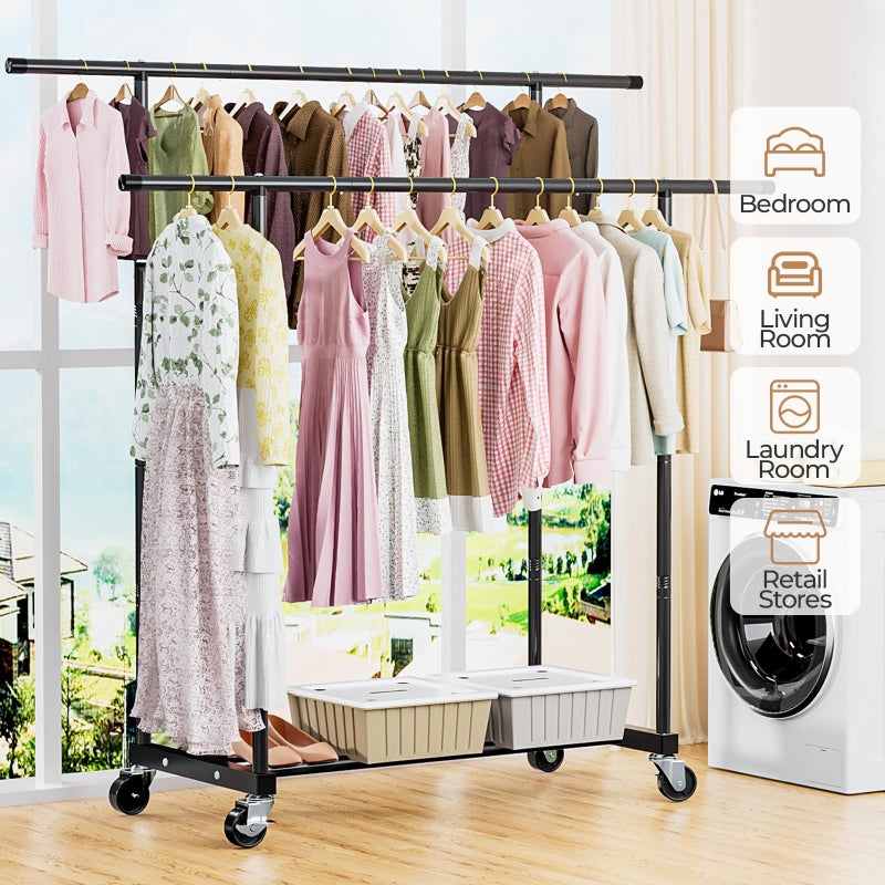 Abiglifty Double Rods Clothes Rack for Hanging Clothes, Clothing Rack with Wheels, Portable Closet Organizer for Laundry, Room (Black) - Image 4
