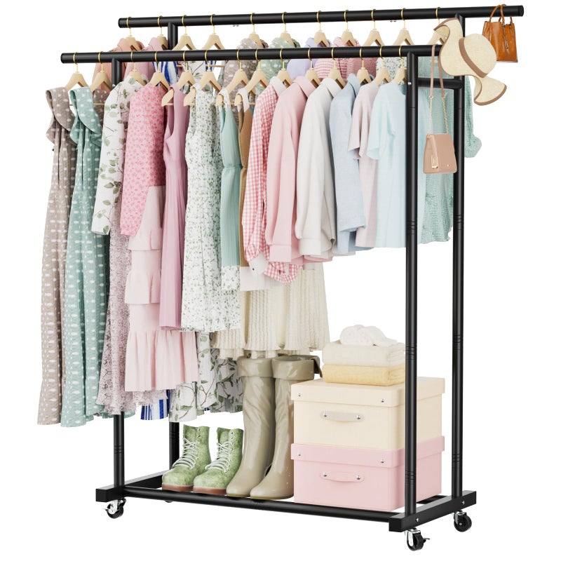Abiglifty Double Rods Clothes Rack for Hanging Clothes, Clothing Rack with Wheels, Portable Closet Organizer for Laundry, Room (Black) - Image 1