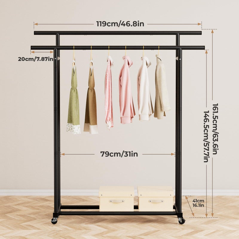 Abiglifty Double Rods Clothes Rack for Hanging Clothes, Clothing Rack with Wheels, Portable Closet Organizer for Laundry, Room (Black) - Image 2