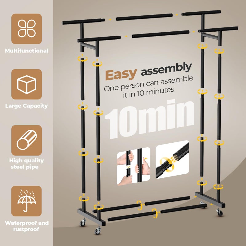 Abiglifty Double Rods Clothes Rack for Hanging Clothes, Clothing Rack with Wheels, Portable Closet Organizer for Laundry, Room (Black) - Image 5