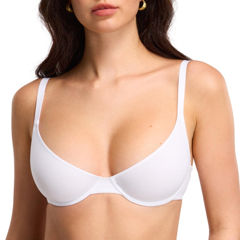 DOBREVA Women's Balconette Unlined Plunge Bra Underwire Demi Plus Size Bras Lounge Comfort White 34DD - Image 1