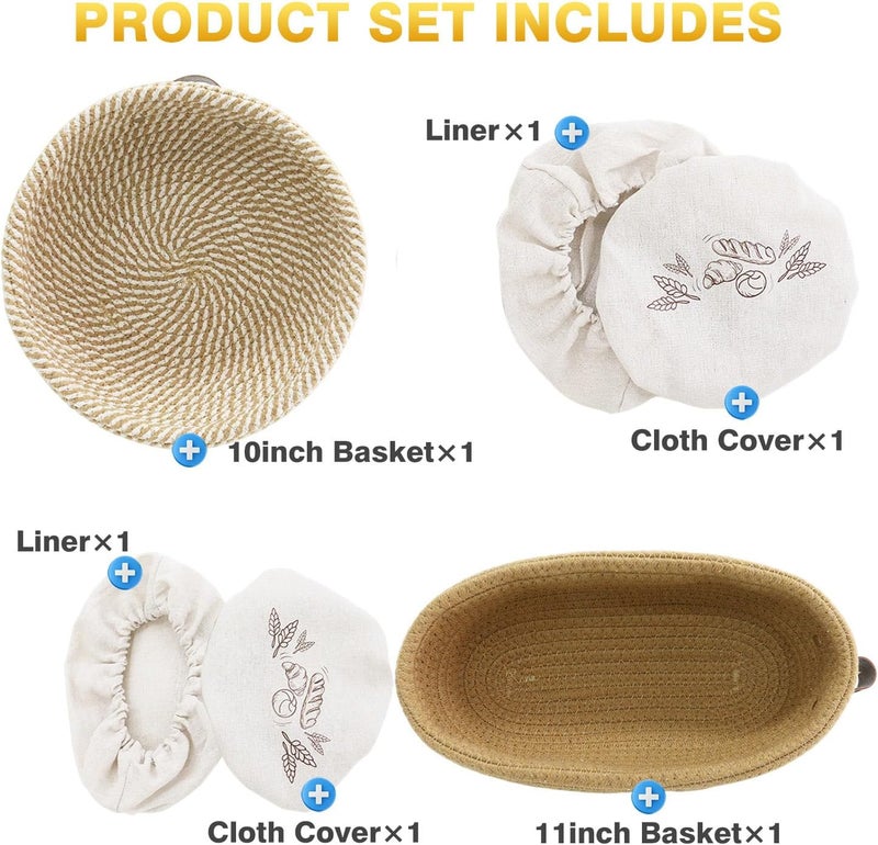 Nikkar Banneton Bread Proofing Basket Set of 2, 10 Inch Round 11Inch Oval Cotton Rope Sourdough Bread Baking Supplies Proofing Bowls with Liners & Covers Gifts for Bakers Women Wife Mom - Image 5