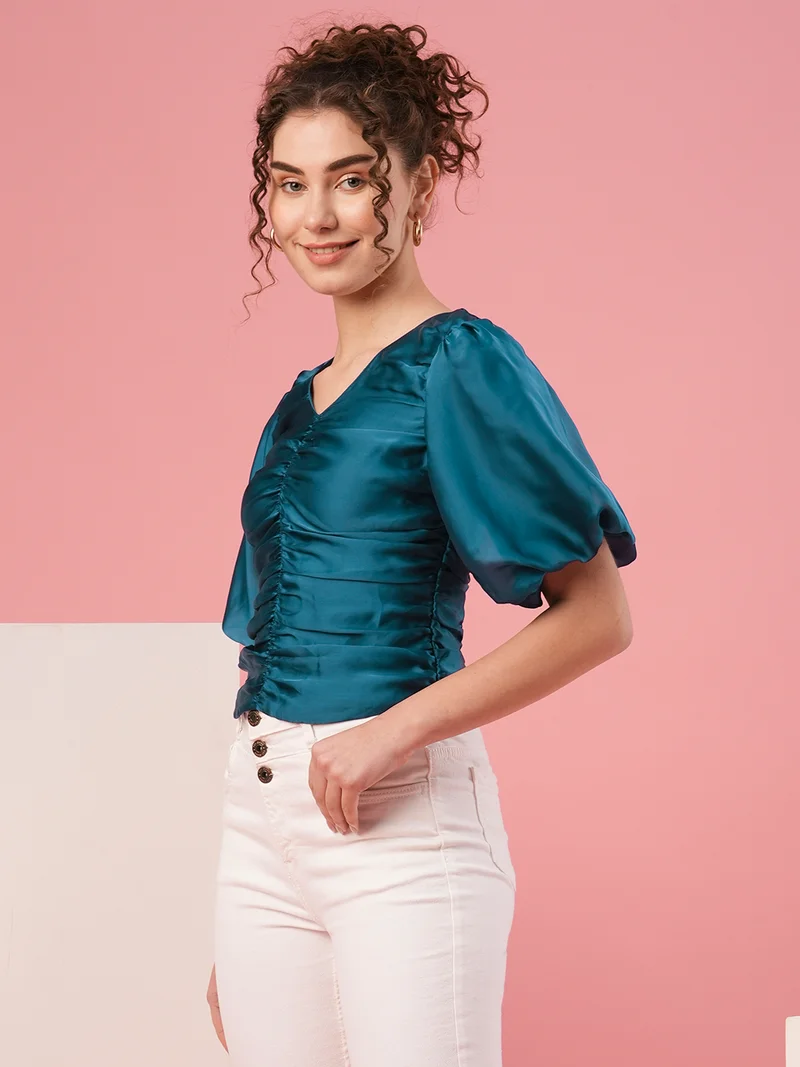 globus Women Teal Blue V-Neck Puff Sleeve Opaque Crepe Top