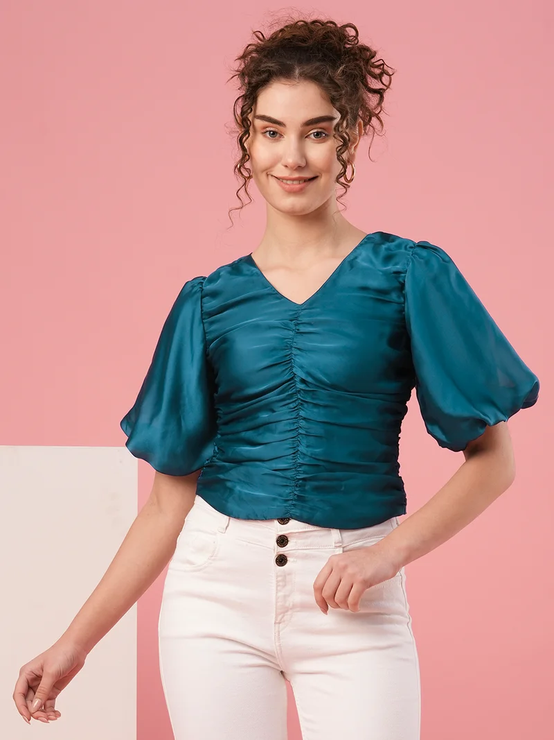 globus Women Teal Blue V-Neck Puff Sleeve Opaque Crepe Top