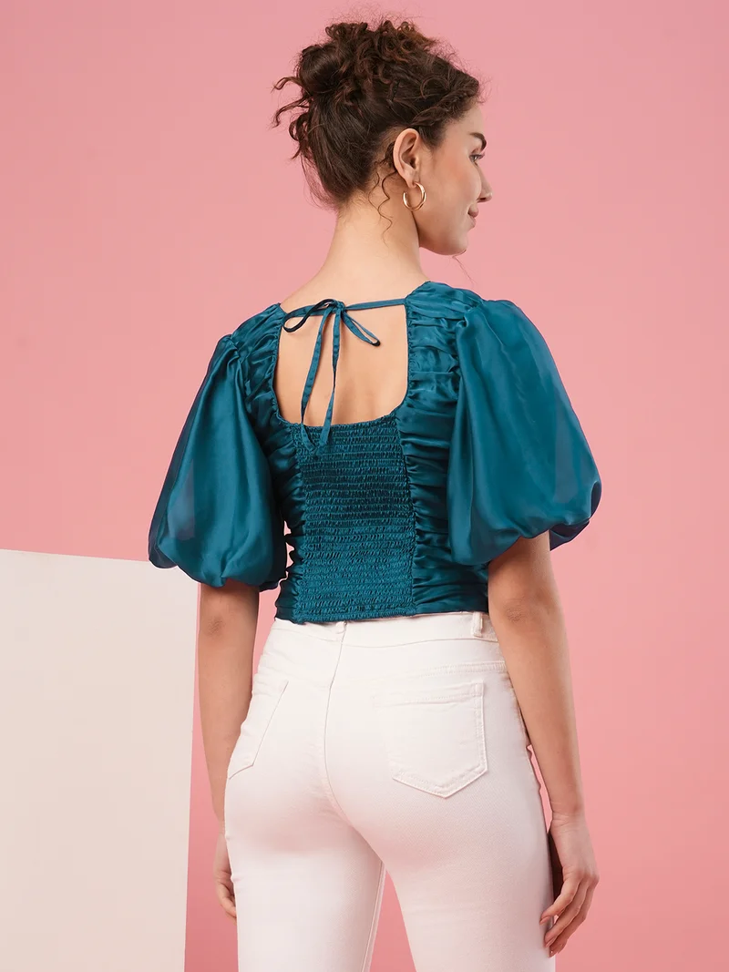 globus Women Teal Blue V-Neck Puff Sleeve Opaque Crepe Top