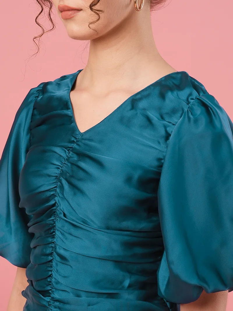 globus Women Teal Blue V-Neck Puff Sleeve Opaque Crepe Top
