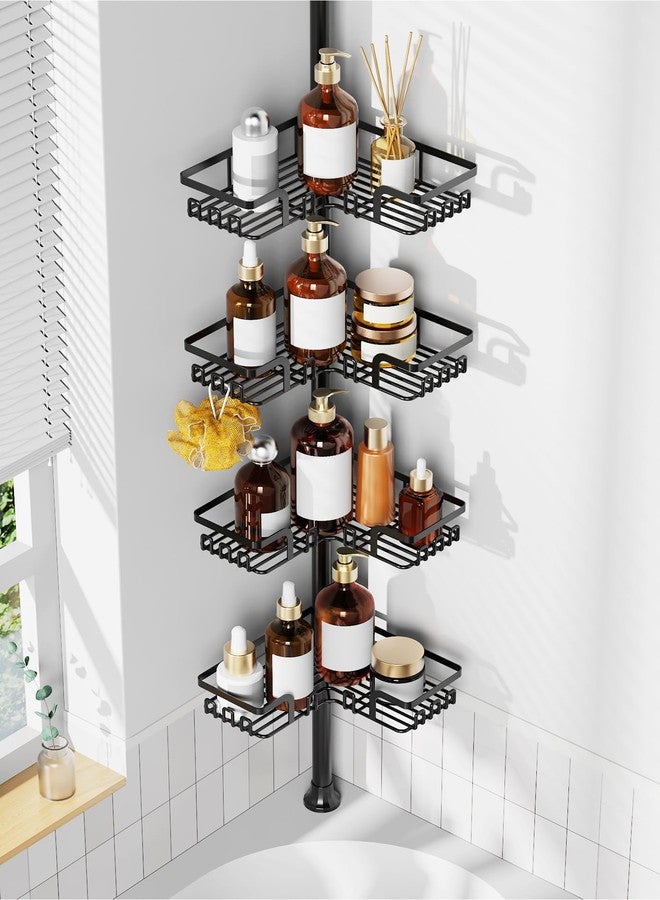 ZUNTO Tension Pole Shower Caddy Corner for Bathroom, Adjustable 25in-114in Floor to Ceiling, Standing Shower Tension Rod Organizer, 4 Tier Storage Shelves with Hooks, Black - Image 1
