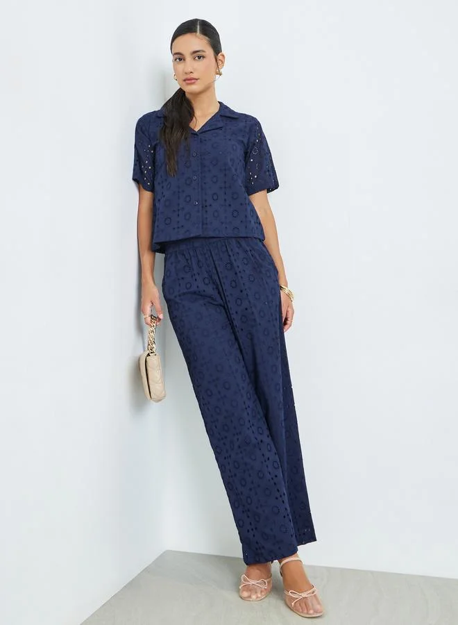 Styli Navy Blue Embroidered Eyelet Top and Trousers Co-Ords