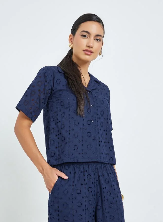 Styli Navy Blue Embroidered Eyelet Top and Trousers Co-Ords
