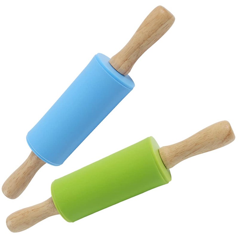 Koogel 9 Inch Mini Kids Rolling Pin 2 Pcs Small Rolling Pin Handle for Home Kitchen Children Cake