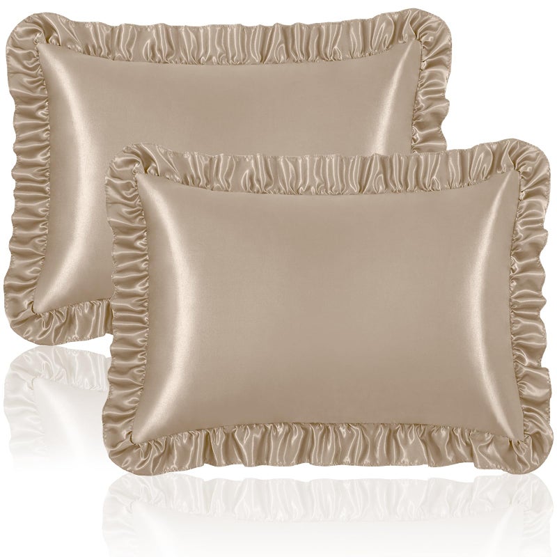 Homiest Ruffle Satin Pillowcase for Hair and Skin  Queen Size Satin Pillow Covers Silky Pillow Cases Set of 2  Satin Ruffled Pillowcase with Envelope Closure  Anti Wrinkle Pillow Shams (Taupe) - Image 1