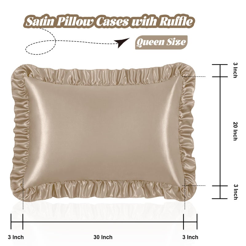 Homiest Ruffle Satin Pillowcase for Hair and Skin  Queen Size Satin Pillow Covers Silky Pillow Cases Set of 2  Satin Ruffled Pillowcase with Envelope Closure  Anti Wrinkle Pillow Shams (Taupe) - Image 3