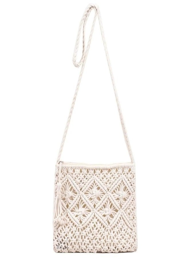 COTTONCUBE Women Macrame Shoulder Bag, Knitting Handmade Weaving Handbag, Simple Hollow Beach Bag,White - Size: Width 25 cm x Length 20 cm Off White COLOR - Image 1