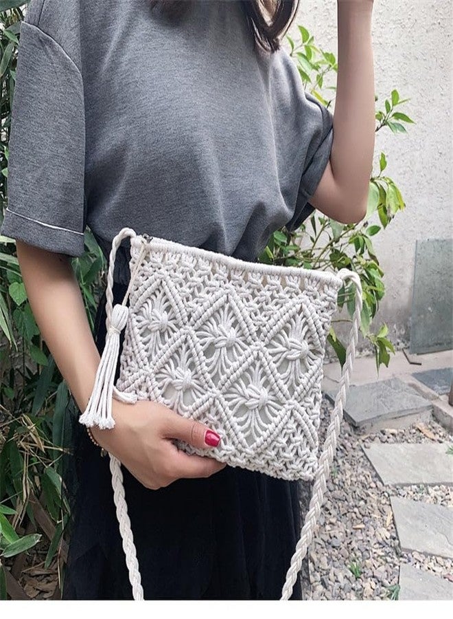 COTTONCUBE Women Macrame Shoulder Bag, Knitting Handmade Weaving Handbag, Simple Hollow Beach Bag,White - Size: Width 25 cm x Length 20 cm Off White COLOR - Image 3