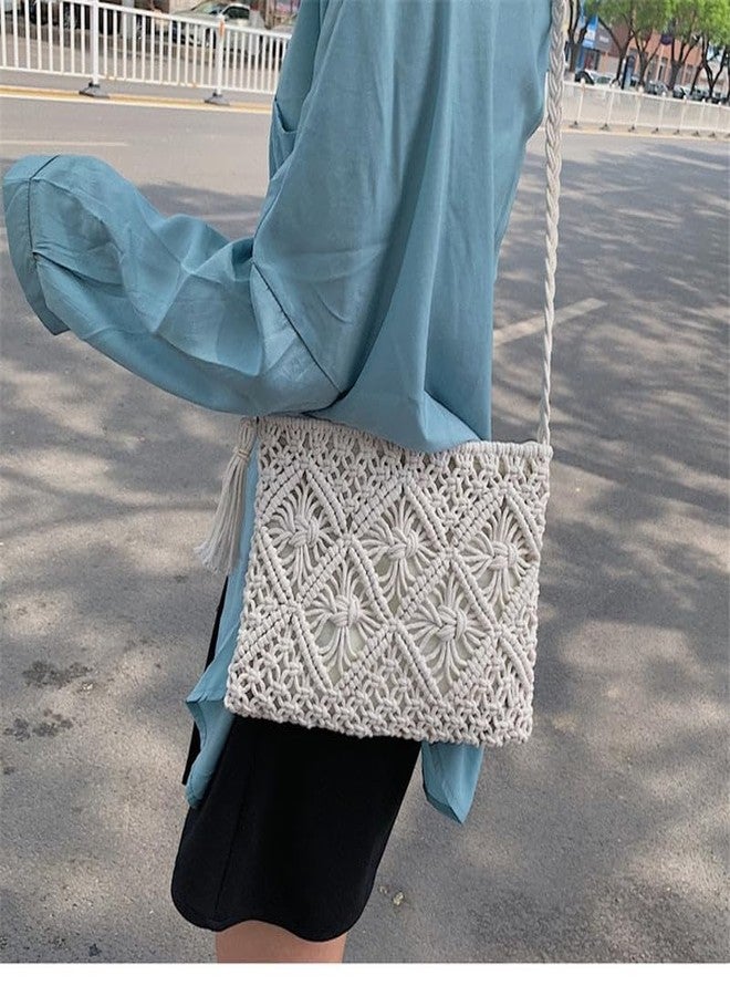 COTTONCUBE Women Macrame Shoulder Bag, Knitting Handmade Weaving Handbag, Simple Hollow Beach Bag,White - Size: Width 25 cm x Length 20 cm Off White COLOR - Image 2