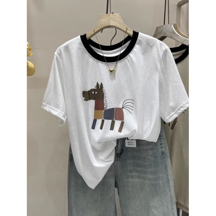 Cartoon Pony Print Pure Cotton Short-Sleeved T-Shirt for Women 2025 Summer New Breathable Contrasting Color Loose Age-Reducing Top - Image 1