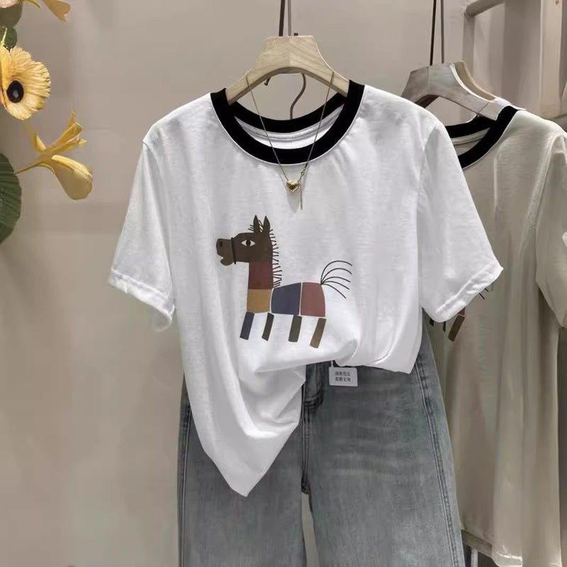 Cartoon Pony Print Pure Cotton Short-Sleeved T-Shirt for Women 2025 Summer New Breathable Contrasting Color Loose Age-Reducing Top - Image 2