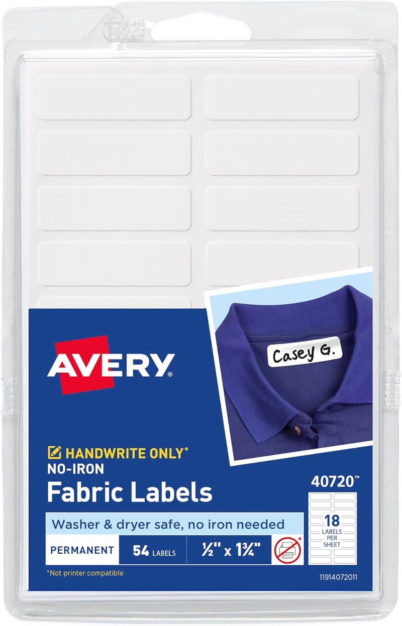AVERY No-Iron Fabric Labels, Washer & Dryer Safe, Handwrite, 1/2" x 1-3/4" Pack of 54 (40720) - Image 1